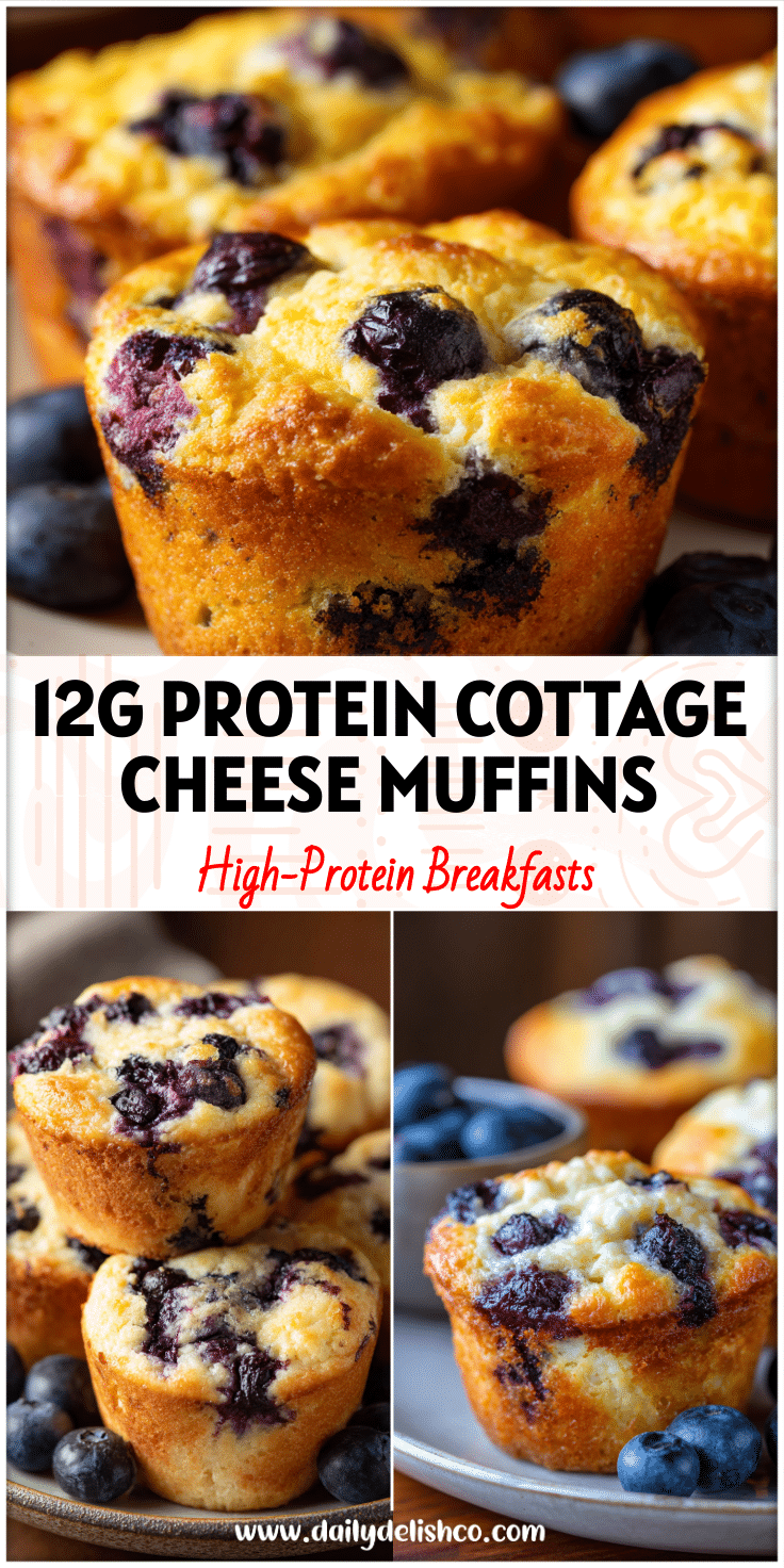Freshly baked blueberry cottage cheese muffins on a plate, a healthy high protein breakfast and sweet snack option.
