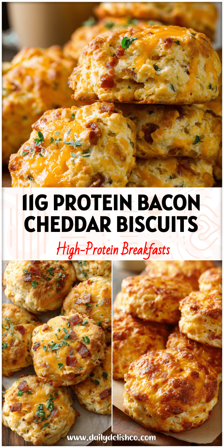 Golden Bacon Cheddar High Protein Biscuits with ham and cheese shown as Healthy Breakfast Recipes To Go and Lunch Biscuit Ideas.