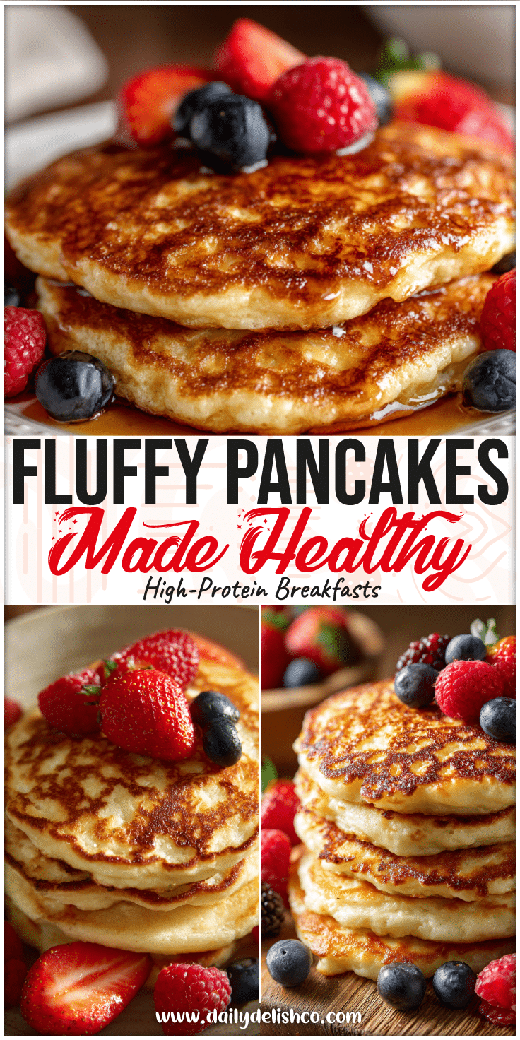 Stack of fluffy flourless cottage cheese pancakes served with fresh fruit for a healthy breakfast option