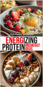 A healthy high protein breakfast spread with smoothie bowl, fruit, and baked egg dish on a table