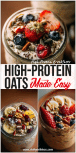 Jar of high-protein overnight oats topped with fruit and seeds as a prepped breakfast option