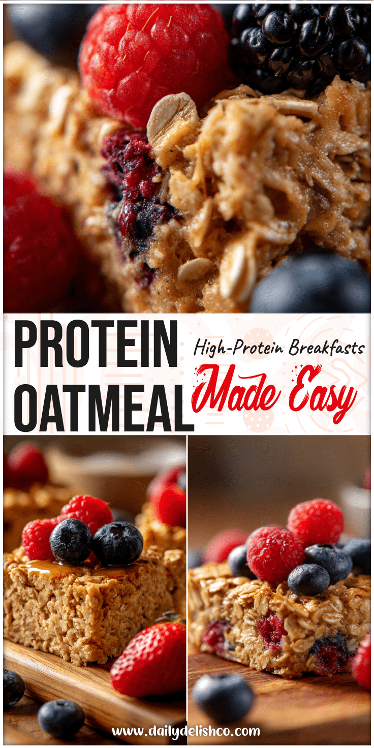 A golden baked oatmeal square topped with berries showcasing protein baked oatmeal for a balanced breakfast