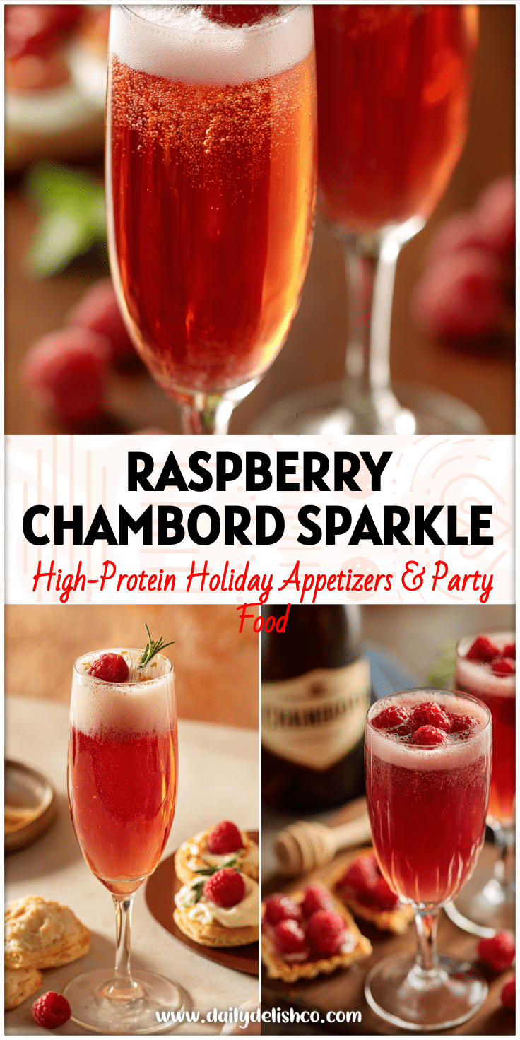 A sparkling Chambord Bellini made with Raspberry Liqueur and Chambord Liqueur served beside Light Appetizers for a Festive Dinner.