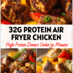 Golden Air Fried Grilled Chicken Bites with colorful peppers made in an Airfryer for a healthy dinner