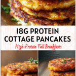 Stack of golden Sweet Potato and Cottage Cheese Pancakes topped with herbs on a rustic plate.