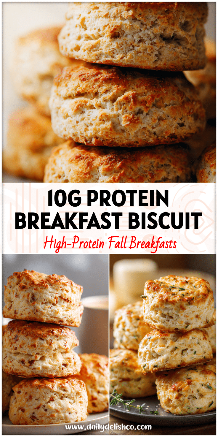 Golden Easy Make-Ahead Breakfast Biscuits stacked on a plate, protein-packed and perfect for busy mornings