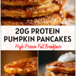 Stack of fluffy Pumpkin Cottage Cheese Pancakes made with cottage cheese, pumpkin puree, and warm spice topping.