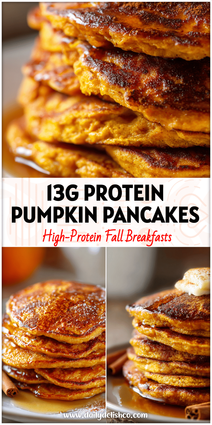 Stack of Healthy Greek Yogurt Pumpkin Pancakes topped with syrup and cinnamon for a cozy high protein breakfast idea