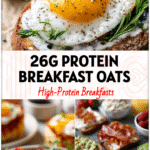 A table spread of Quick High Protein Foods featuring Healthy Breakfast Ideas For Men and Healthy Protein Breakfast Recipes.