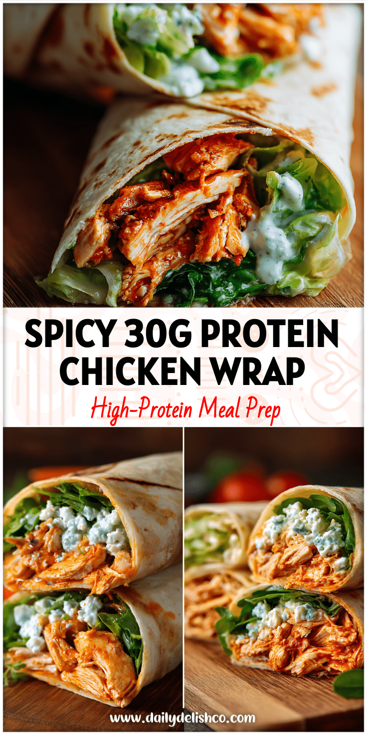 A High Protein Buffalo Chicken Wrap filled with Shredded Buffalo Chicken, fresh greens, and creamy Buffalo Ranch Chicken.