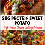 Baked sweet potatoes stuffed with ground turkey, black beans, and taco toppings served as healthy sweet potato boats.