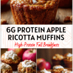 Freshly baked Apple Ricotta Muffins with cinnamon and Vanilla Greek Yogurt topping on a rustic kitchen table.