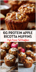 Freshly baked Apple Ricotta Muffins with cinnamon and Vanilla Greek Yogurt topping on a rustic kitchen table.