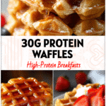 Stack of golden High Protein Waffles made with a Healthy Waffle Recipe from quick Waffle Mix Recipes for Protein Breakfast Recipes.