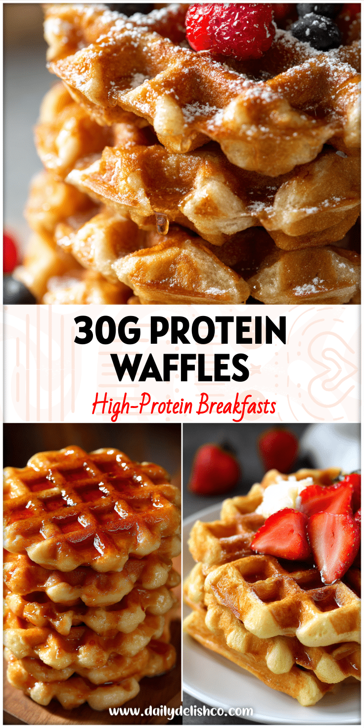 Stack of golden High Protein Waffles made with a Healthy Waffle Recipe from quick Waffle Mix Recipes for Protein Breakfast Recipes.