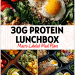5-Day High-Protein Lunchbox Plan for Easy, Healthy Work Lunches 5 Colorful lunchboxes with high-protein salads and grains showing Healthy Easy Work Lunches and Bagged Lunch Ideas.