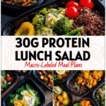 Colorful lunchboxes with high-protein salads and grains showing Healthy Easy Work Lunches and Bagged Lunch Ideas.