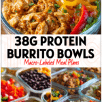 Chicken Burrito Bowl Meal Prep with seasoned chicken, brown rice, colorful peppers, and black beans in glass containers.