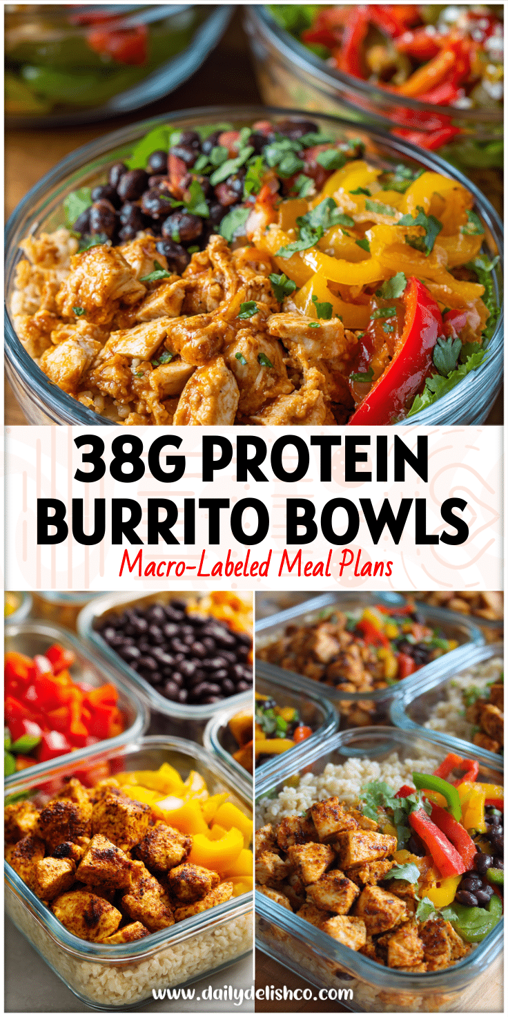 Chicken Burrito Bowl Meal Prep with seasoned chicken, brown rice, colorful peppers, and black beans in glass containers.