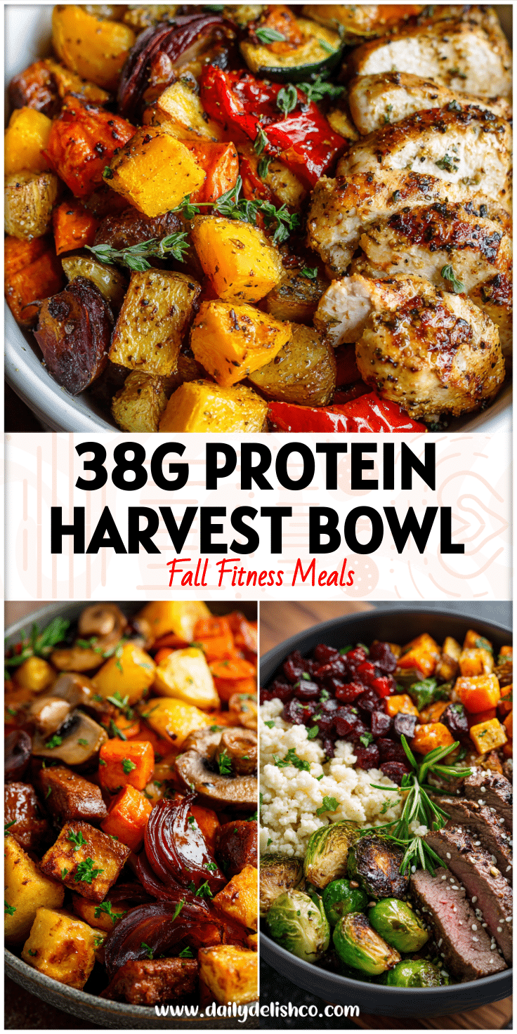 Warm bowl of roasted fall vegetables and lean protein perfect for Fall Food Healthy Dinner and Meal Prep.
