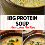 Bowl of creamy broccoli cheddar soup topped with melted cheese, a healthy high protein recipe perfect for easy soups.
