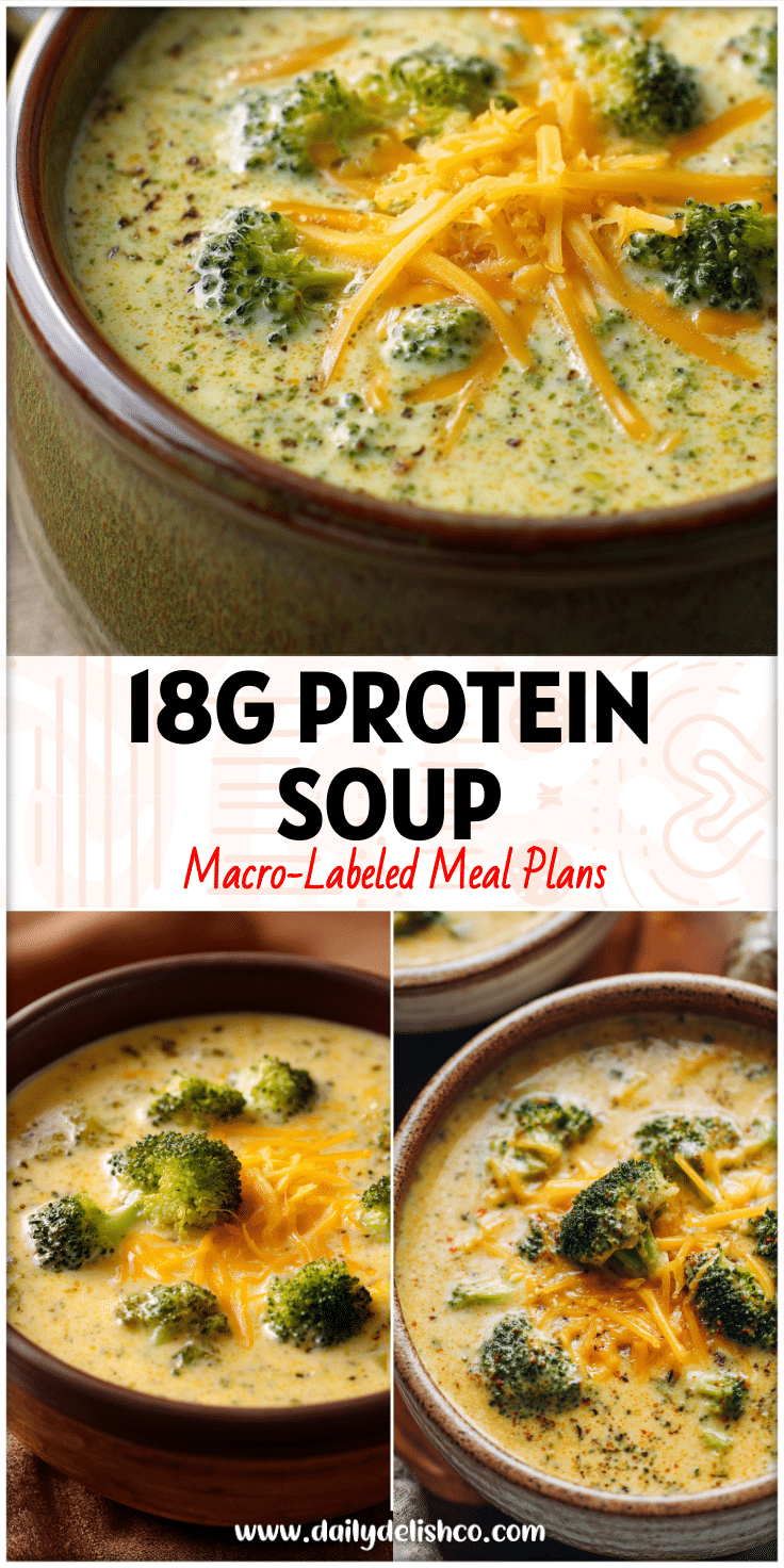 Bowl of creamy broccoli cheddar soup topped with melted cheese, a healthy high protein recipe perfect for easy soups.