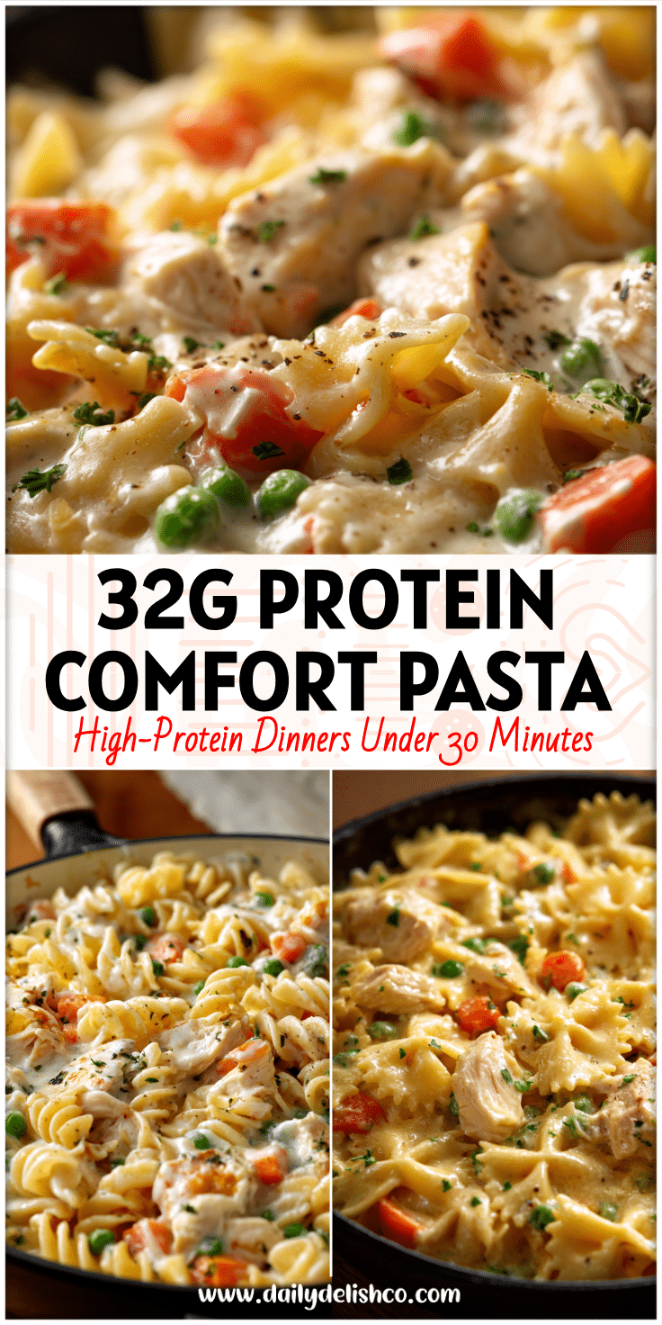 Creamy Chicken Pot Pie Pasta Skillet with tender noodles, turkey, vegetables, and melted cream cheese in a rich sauce.