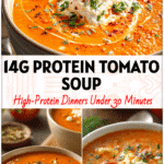 A bowl of creamy hearty tomato soup with cottage cheese and veggies, perfect for protein veggie and bariatric soups.