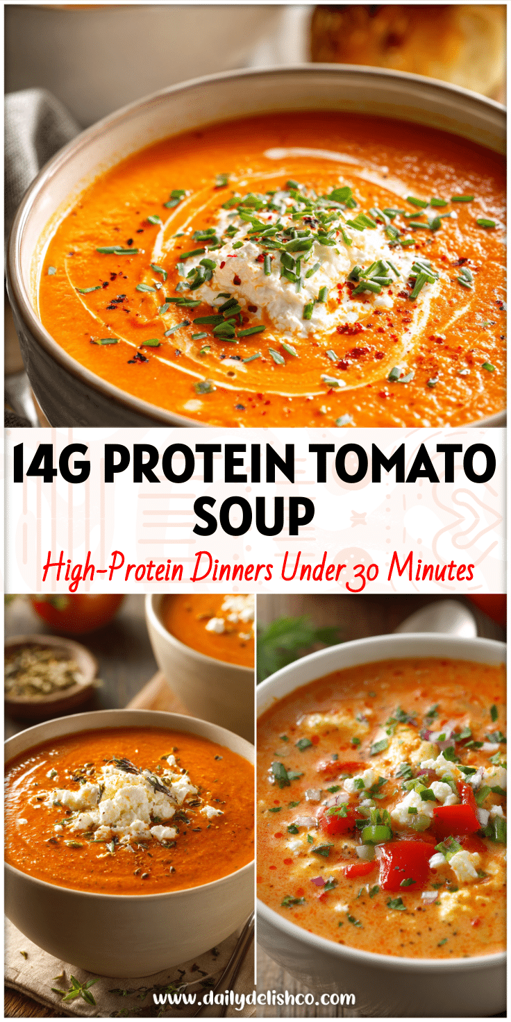A bowl of creamy hearty tomato soup with cottage cheese and veggies, perfect for protein veggie and bariatric soups.