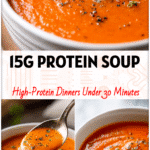 Bowl of creamy tomato cottage cheese soup topped with herbs showing hearty protein veggie soup style