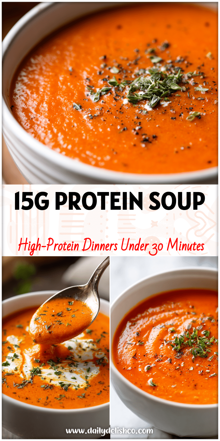 Bowl of creamy tomato cottage cheese soup topped with herbs showing hearty protein veggie soup style