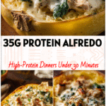 Baked Alfredo Stuffed Spaghetti Squash with turkey, spinach, and creamy sauce, a Keto Recipes Dinner idea.