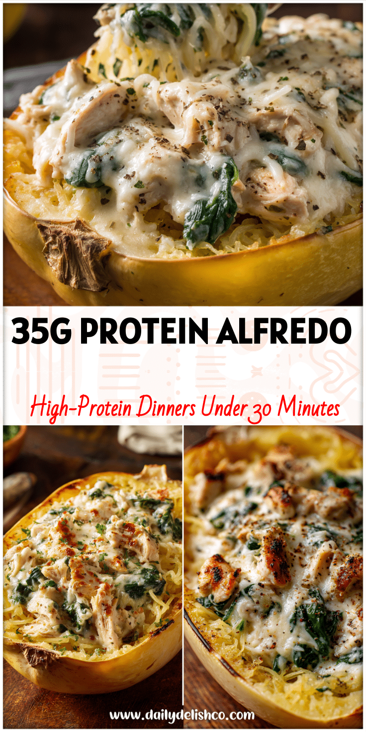 Baked Alfredo Stuffed Spaghetti Squash with turkey, spinach, and creamy sauce, a Keto Recipes Dinner idea.