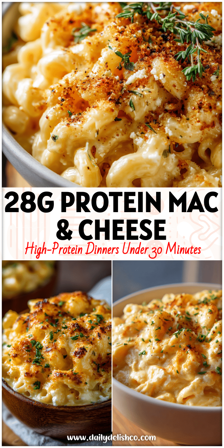 Bowl of creamy high protein mac and cheese made with cottage cheese and golden baked topping.