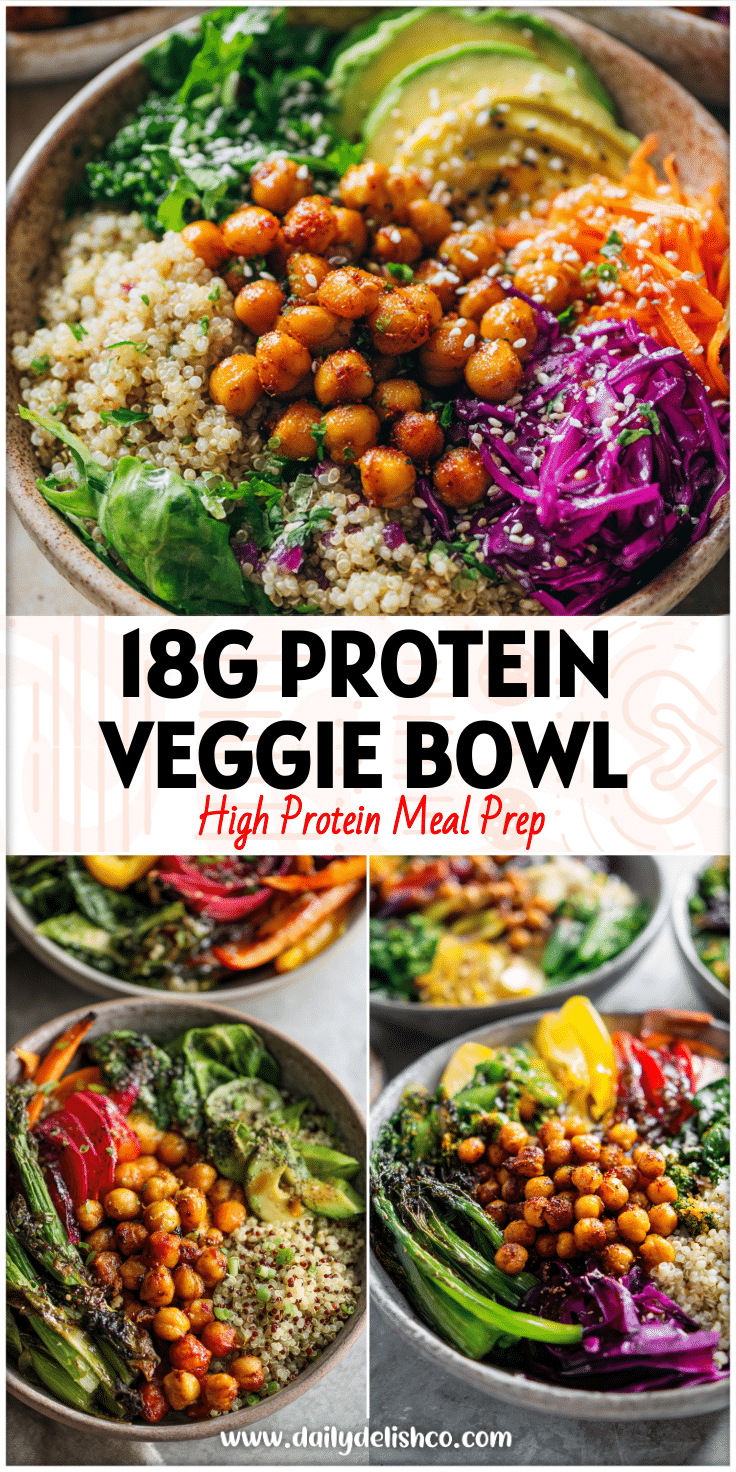 Colorful veggie bowl with quinoa, greens, roasted chickpeas, and seasonal vegetables on a cafe-style menu.