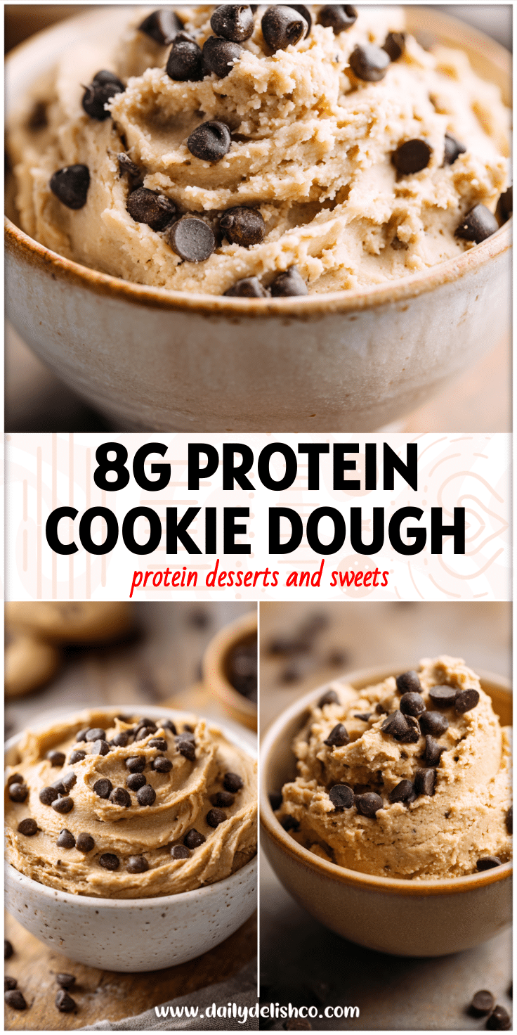 A bowl of creamy Protein Cookie Dough topped with chocolate chips, showcasing Healthy Protein Desserts and High Protein Cookies made from Protein Powder Recipes.