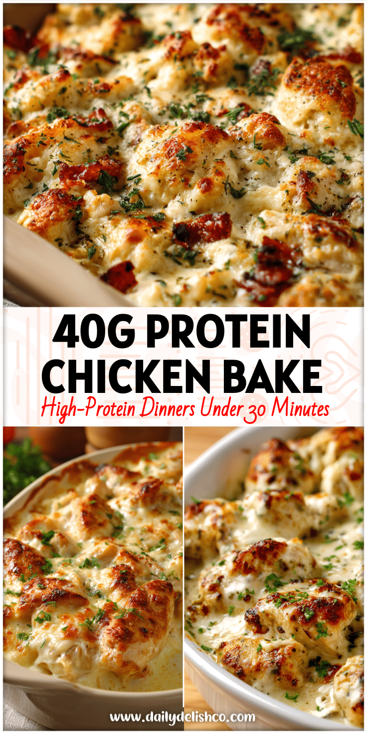 Golden baked chicken alfredo in a casserole dish, a Macro Friendly Recipes Low Carb Easy Macro Dinner for Bariatric Friendly Meals.