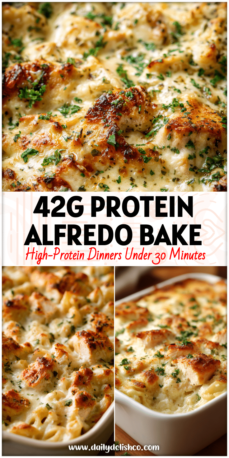 Golden-baked chicken alfredo in a casserole dish, a low carb high protein meal prep for bariatric friendly lunches.