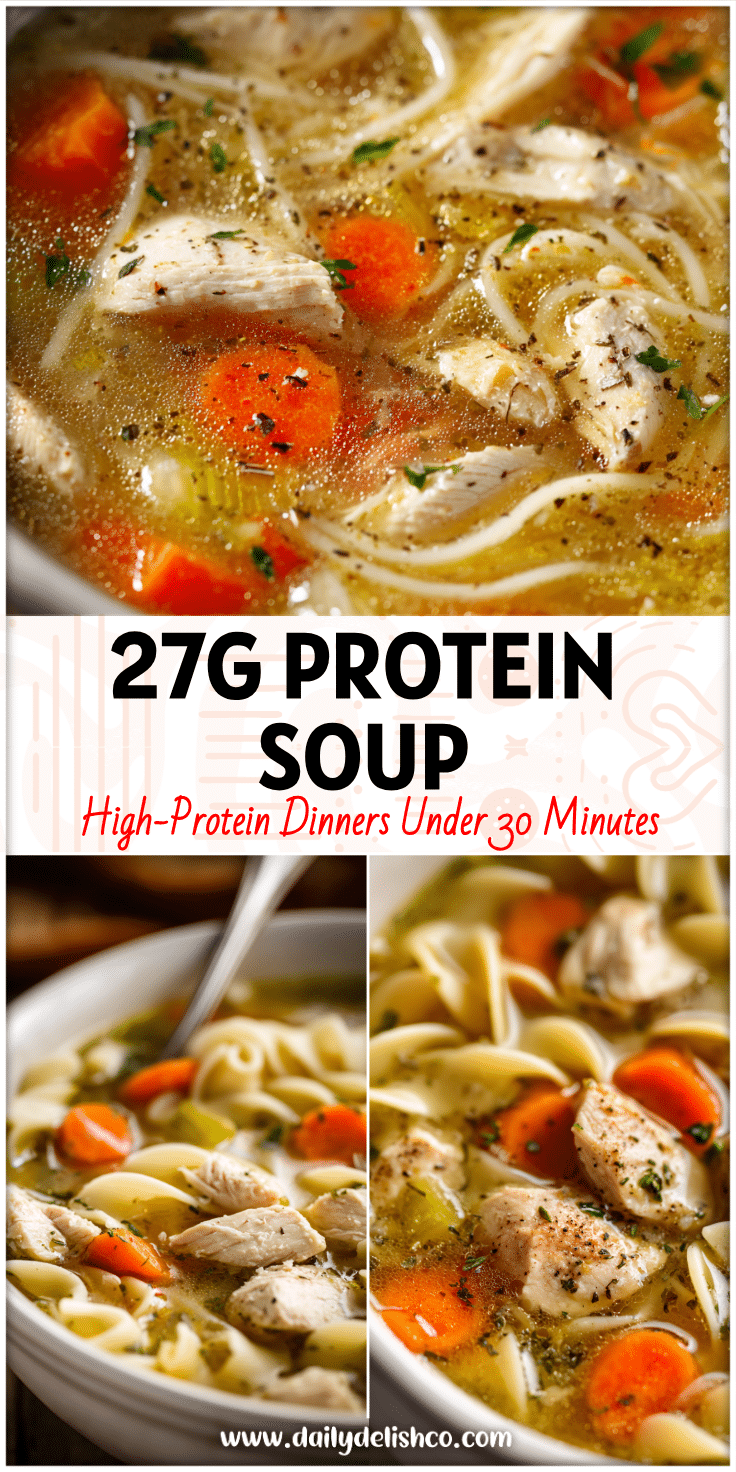 Bowl of High-Protein Chicken Noodle Soup with chicken pieces and vegetables ideal for Easy Reheat Meals and Organic Dinners