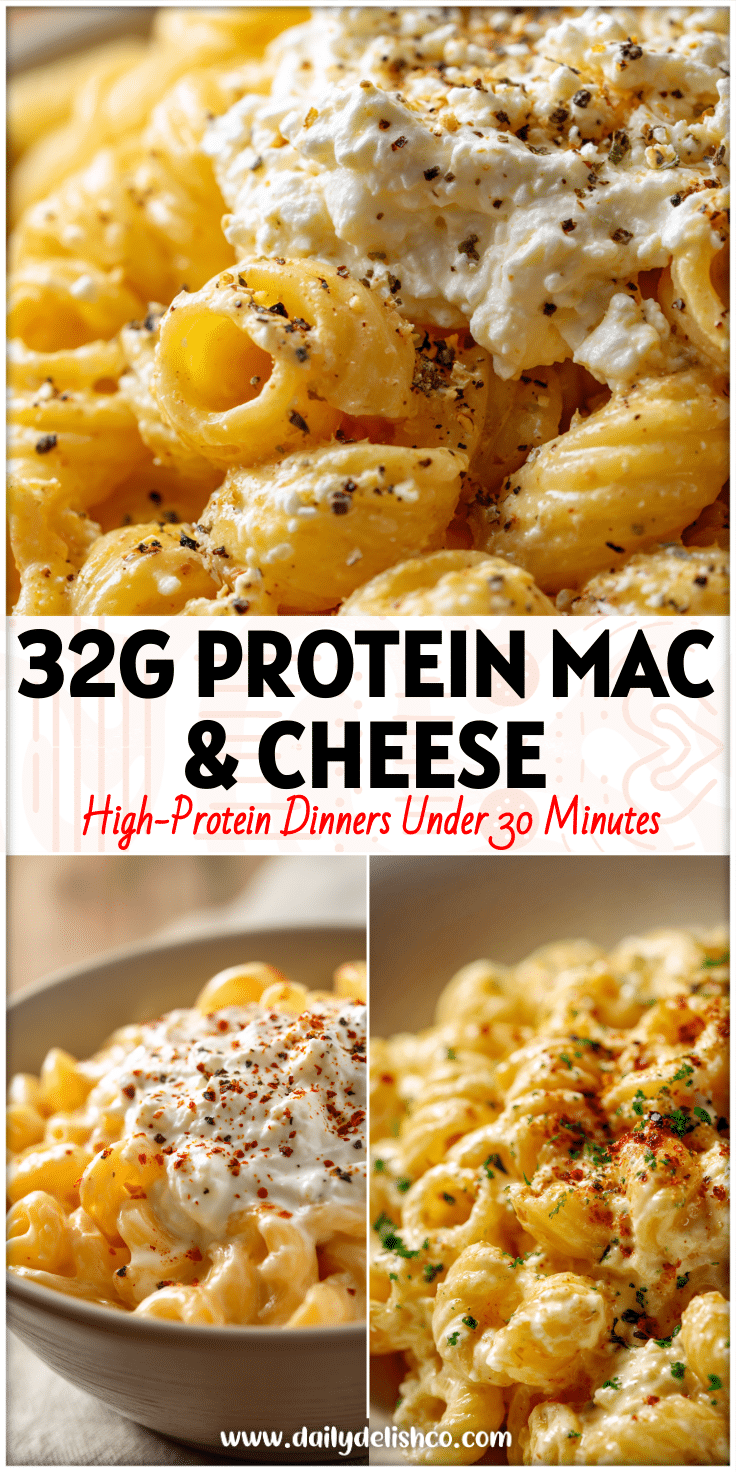 Creamy High Protein Mac And Cheese Cottage Cheese topped with Whipped Feta and a rich Cottage Cheese Protein Pasta Sauce