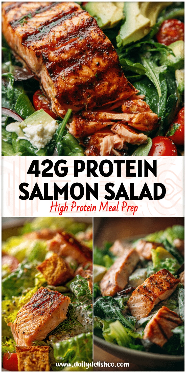 Fresh High-Protein Salmon Caesar Salad with spring greens, grilled salmon, and light dressing.