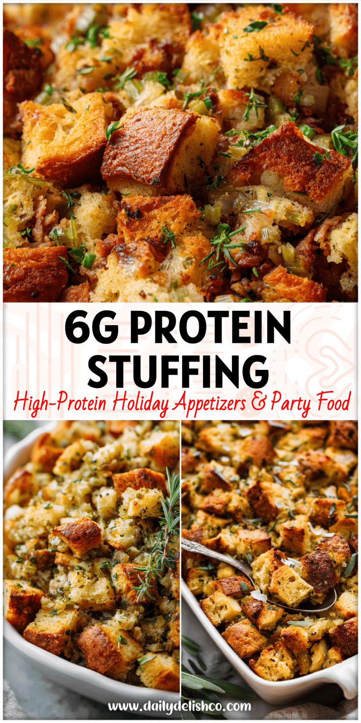 Golden High-Protein Thanksgiving Stuffing Bake casserole filled with herbs, bread cubes, and turkey for a cozy fall meal.