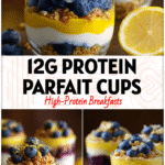 Close-up of layered Blueberry Yogurt Parfait in glasses with lemon curd and granola topping.