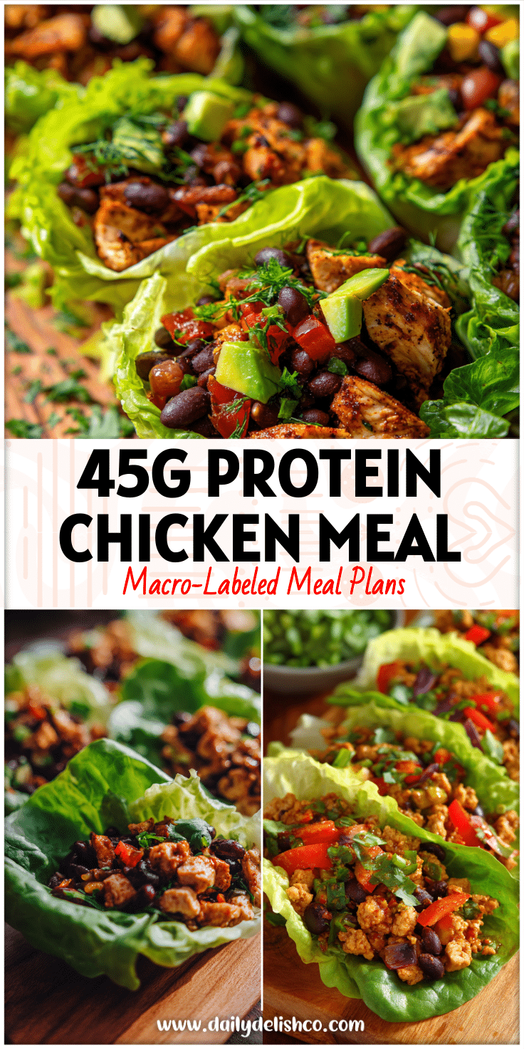 Fresh lettuce wraps filled with chicken, beans, and veggies for Hi Protein Low Calorie Meals and Healthy Macro Meals