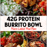Colorful Chicken Burrito Bowl Meal Prep with rice, beans, grilled chicken, corn, and fresh salsa arranged neatly in bowls.