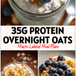 A glass jar of creamy Best High Protein Overnight Oats made with Premier Protein, perfect for Glp1 and Bariatric Overnight Oats seekers.