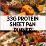 Colorful sheet pan ranch chicken and sweet potatoes served as easy healthy low calorie dinner meal.