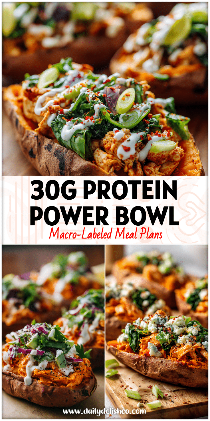 Baked stuffed sweet potatoes filled with buffalo chicken, greens, and healthy Whole 30 and keto toppings.