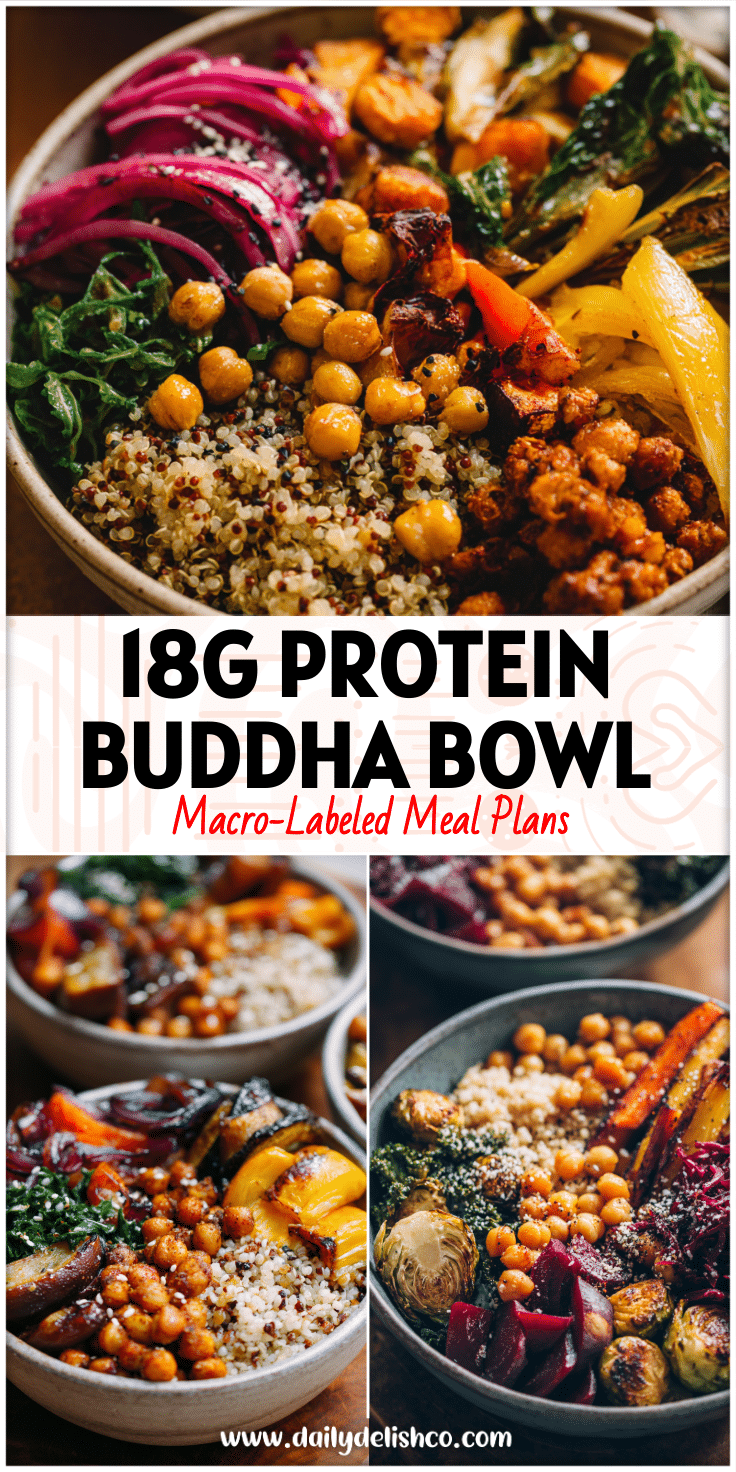Colorful winter Buddha bowl with grains, roasted veggies, and chickpeas for Healthy Bowls Recipes and Vegan Dinners