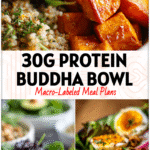 A vibrant Thai Buddha Bowl filled with roasted sweet potato, fresh greens, and gluten free grains from Something Nutritious Blog.